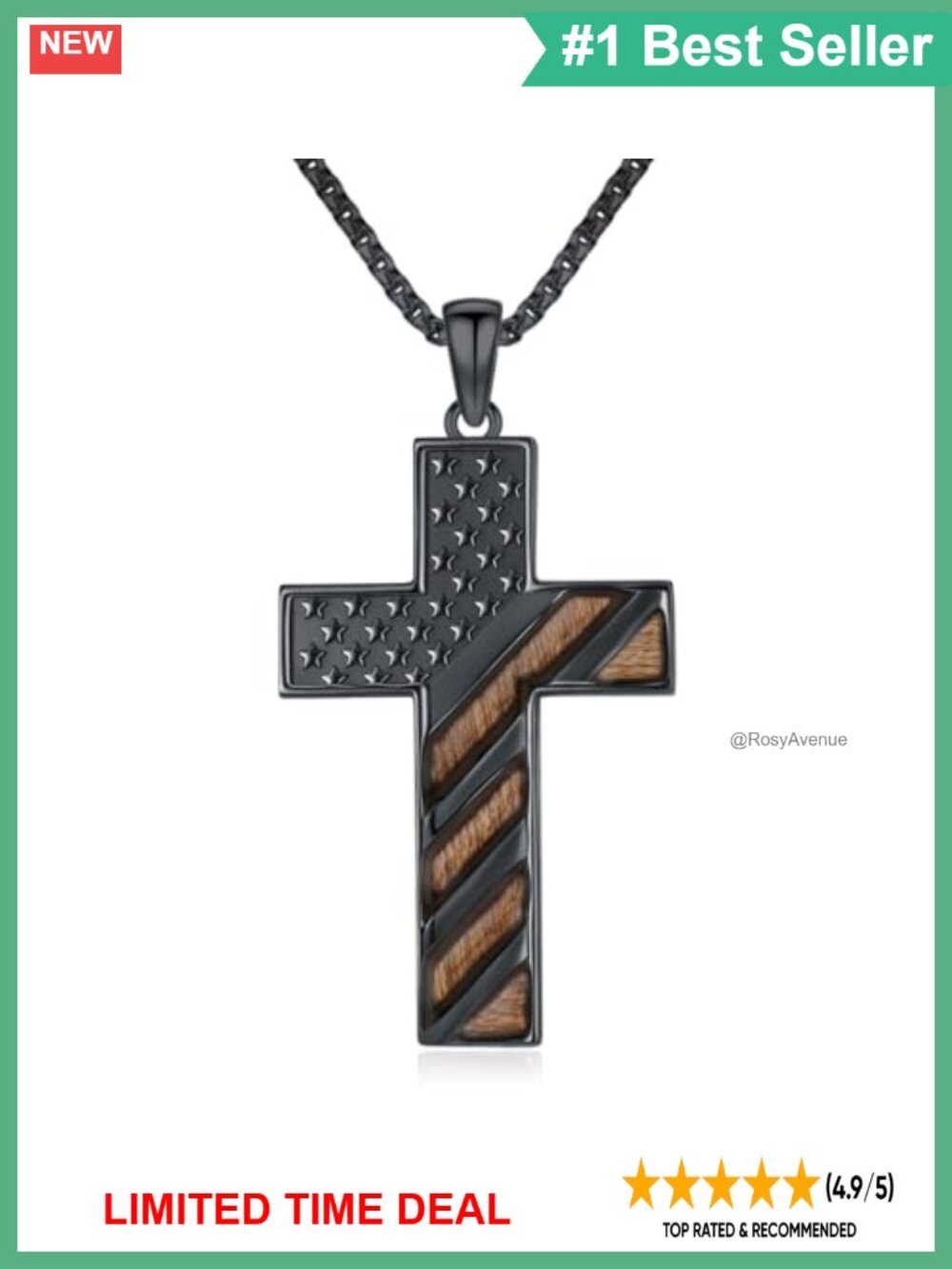 Sterling Silver Wood American Flag Cross Necklace Patriotic